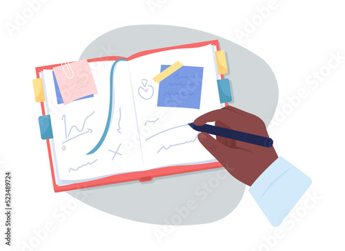 Man writing in notebook 2D vector isolated illustration. Business planning flat first view hand on cartoon background. Work colourful editable scene for mobile, website, presentation