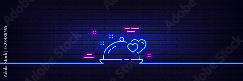 Neon light glow effect. Romantic dinner line icon. Valentines day restaurant food sign. Couple relationships symbol. 3d line neon glow icon. Brick wall banner. Romantic dinner outline. Vector