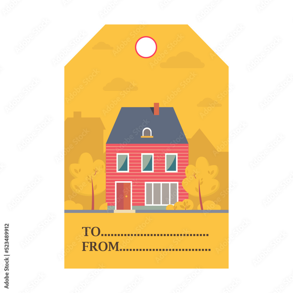 Tag design for urban lifestyle ads vector illustration. Sticker with town elements, houses and text. Buildings and architecture concept