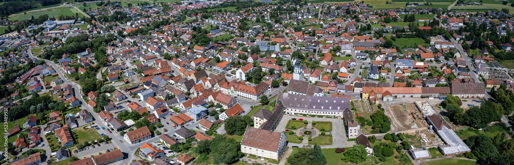 Aerial view around the old town of the the city Babenhausen in Germany on a sunny day in summer.