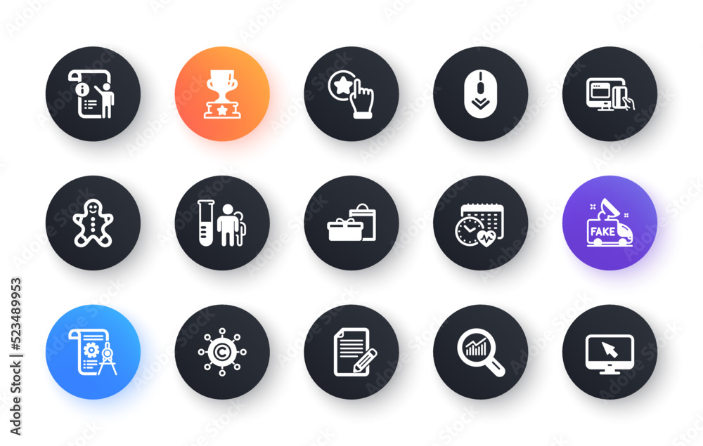 Minimal set of Winner cup, Manual doc and Article flat icons for web development. Gingerbread man, Copywriting network, Scroll down icons. Fake news, Cardio calendar, Rate button web elements. Vector