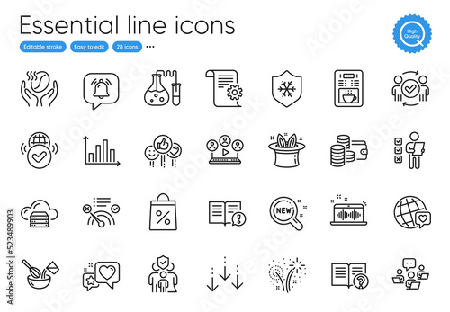 Video conference, Wallet and Diagram graph line icons. Collection of Coffee maker, Heart, Teamwork icons. Like, Notification bubble, World brand web elements. Music making. Vector