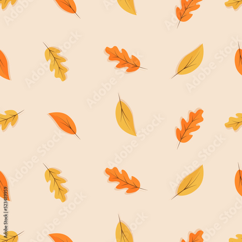 Autumn seamless pattern, oak and aspens leaves fall, vector background illustration.