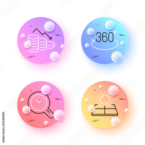 Time management, Full rotation and Money loss minimal line icons. 3d spheres or balls buttons. Sun energy icons. For web, application, printing. Time analysis, 360 degree, Economy bankruptcy. Vector