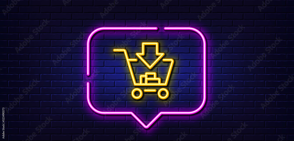 Neon light speech bubble. Add to Shopping cart line icon. Online buying sign. Supermarket basket symbol. Neon light background. Shopping glow line. Brick wall banner. Vector