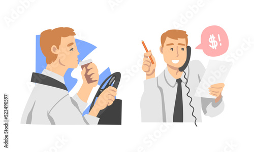 Young man daily routine set. Businessman driving to work and talking on phone cartoon vector illustration