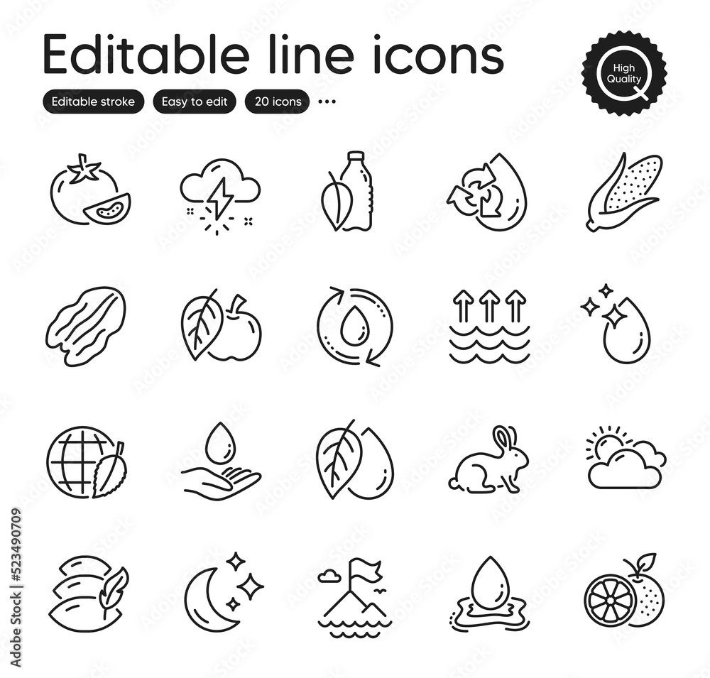 Set of Nature outline icons. Contains icons as Water care, Mineral oil and Water drop elements. Environment day, Orange, Tomato web signs. Pillow, Apple, Corn elements. Sunny weather. Vector Set of Nature outline icons. Contains icons as Water care, Mineral oil and Water drop elements. Environment day, Orange, Tomato web signs. Pillow, Apple, Corn elements. Sunny weather. Vector