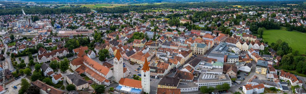 Aerial view of the city Moosburg in Bavaria, Germany on a sunny morning in summer.