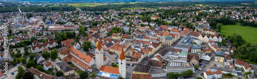 Aerial view of the city Moosburg in Bavaria, Germany on a sunny morning in summer.