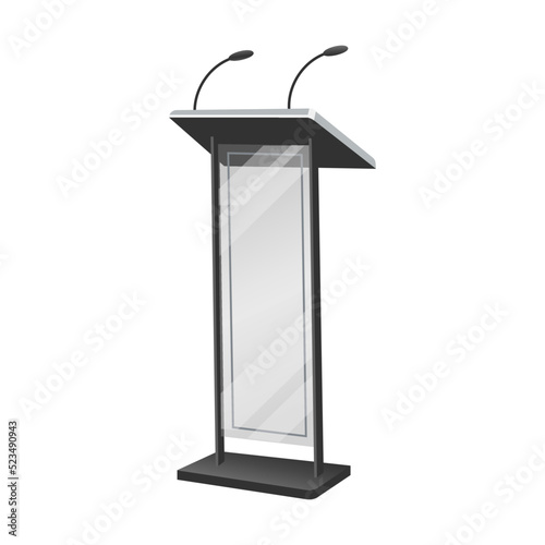 Metal podiums vector illustration. Rostrums or tribunes with microphones for interviews or lectures in classroom isolated on white