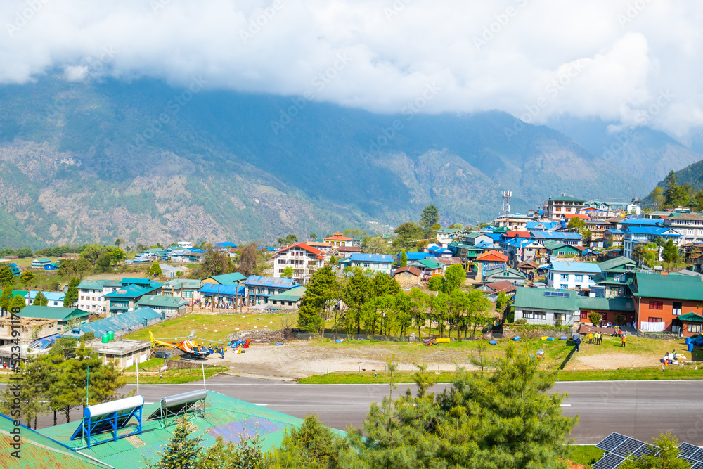 view of Lukla village and Lukla airport, Khumbu valley, Solukhumbu, Everest area, Nepal Himalayas, Lukla is gateway for Everest trek and Khumbu valley.