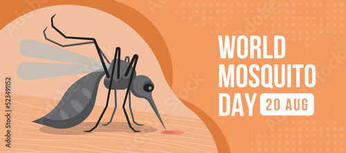 world mosquito day - close up mosquito charector drinking blood on skin human on soft orange background vector design