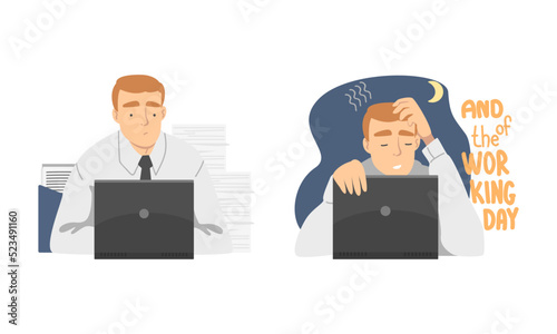Young man daily routine set. Businessman working at computer in office cartoon vector illustration