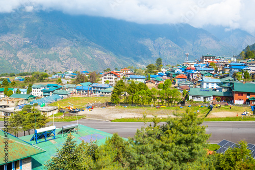 view of Lukla village and Lukla airport, Khumbu valley, Solukhumbu, Everest area, Nepal Himalayas, Lukla is gateway for Everest trek and Khumbu valley. photo