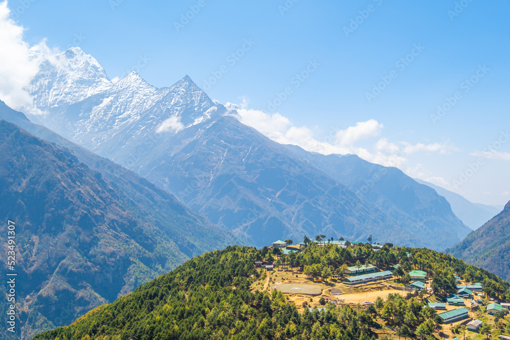 View of Namche Bazaar village on the way to Everest Base Camp, Khumbu Region, Nepal Himalaya.