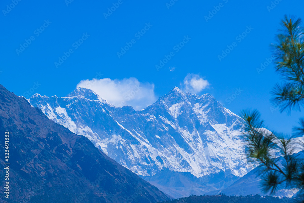view of Ama Dablam and Himalayan Mountains from Nangkar Tshang View Point, Dingboche, Sagarmatha national park, Everest Base Camp 3 Passes Trek, Nepal.