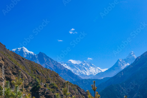 view of Ama Dablam and Himalayan Mountains from Nangkar Tshang View Point, Dingboche, Sagarmatha national park, Everest Base Camp 3 Passes Trek, Nepal. photo