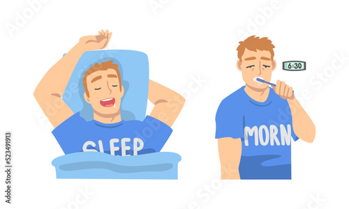 Young man daily routine set. Guy sleeping at night and brushing his teeth at bedtime cartoon vector illustration