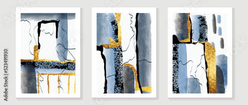 Set of abstract wall art background vector. Luxury wall decoration design with watercolor, abstract shapes, gold texture, line art. Design for interior, prints, cover, and postcard, wallpaper.