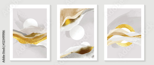 Set of abstract wall art background vector. Luxury wall decoration design with moon, sun, landscape, mountain, gold texture, watercolor. Design for interior, prints, cover, and postcard, wallpaper.
