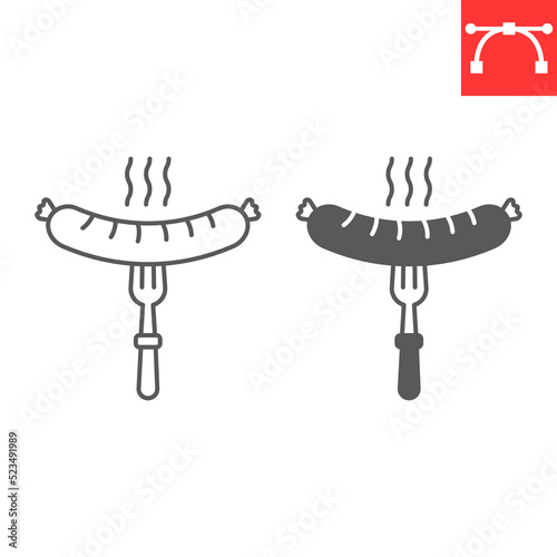 Sausage on fork line and glyph icon, meat and oktoberfest, bratwurst on fork vector icon, vector graphics, editable stroke outline sign, eps 10.