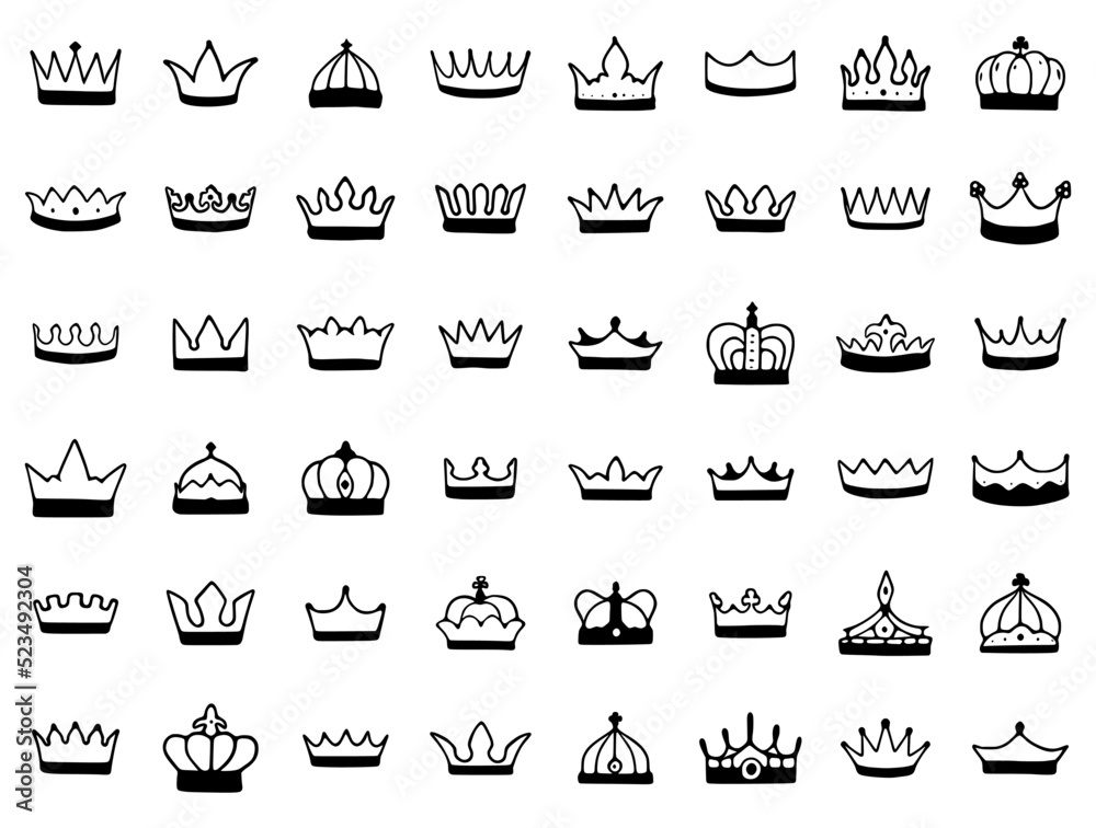 Crown hand drawn icon set isolated on white background. Royal or queen sign, premium symbols, doodles clip art.