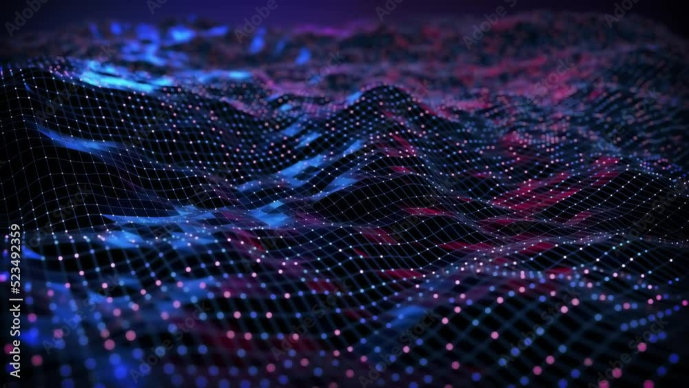 4k particle landscape background with smal animated waves and points metaverse
