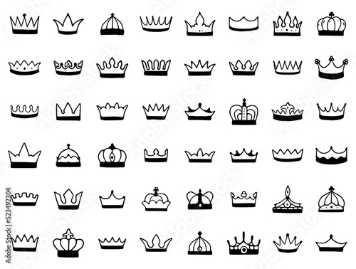 Crown hand drawn icon set isolated on white background. Royal or queen sign, premium symbols, doodles clip art.