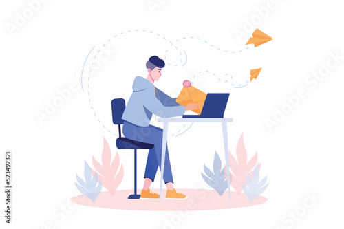 Email service concept with people scene in flat cartoon design. Man is engaged in sending letters to different parts of the world using laptop. Vector illustration.