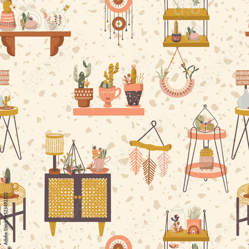 Boho Home Decor and Plants Vector Seamless Pattern