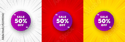 Sale 50 percent off banner. Flash offer banner, coupon or poster. Discount sticker shape. Coupon bubble icon. Sale 50 percent promo banner. Retail marketing flyer. Starburst pop art. Vector
