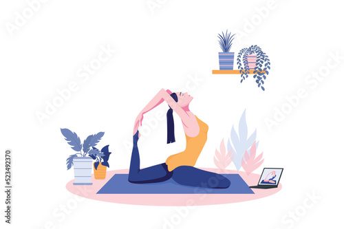 Concept Sport at home with people scene in flat cartoon style. Girl practices yoga in homely atmosphere according to video instructions. Vector illustration.