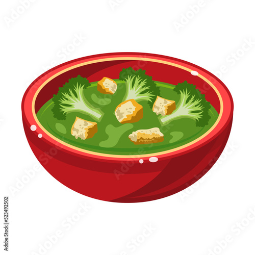 Soup with broccoli in bowl. Gazpacho, curry, broccoli, mushroom cream soup isolated on white background. Ideas for lunch or dinner