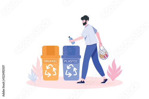 People collecting garbage concept with people scene in flat cartoon style. Man sorts trash from his bag into bins with plastic and organic waste. Vector illustration.