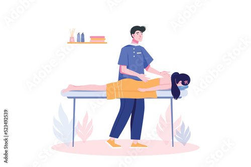 Concept Spa salon with people scene in flat cartoon design. Massage therapist in a spa salon performs massage procedure for a client. Vector illustration.