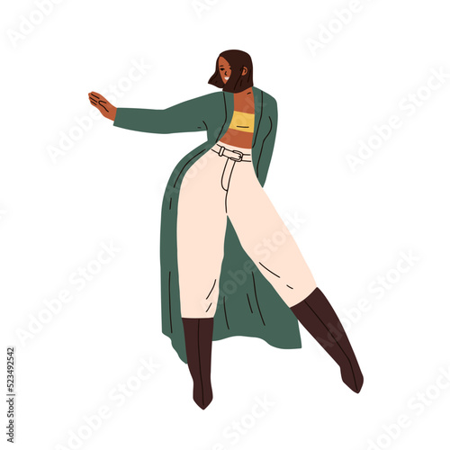 Happy girl dancing, moving with hands to music. Smiling black woman dancer. Modern fashion female in joy motion. Cheerful person at party. Flat vector illustration isolated on white background
