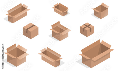 Set of recycling cardboard brown delivery boxes or postal parcel packaging, realistic vector illustration isolated on white background. Mail containers in various shapes. © Natvc