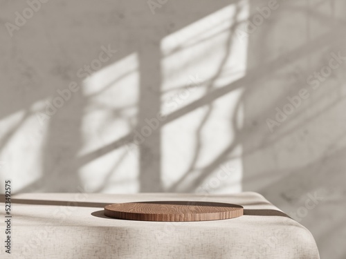 Fototapeta Naklejka Na Ścianę i Meble -  3d wooden display podium on the table against concrete wall. 3d rendering of realistic presentation for product advertising. 3d interior illustration.