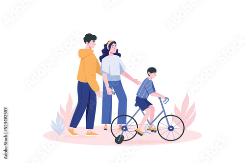 Healthy family concept with people scene in flat cartoon design. Happy family walks outdoors and teaches a child to ride a bicycle. Vector illustration. © Andrey