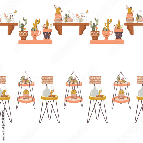 Boho Potted Plants Home Decor Vector Seamless Horizontal Borders Set