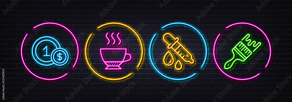 Chemistry pipette, Espresso and Usd coins minimal line icons. Neon laser 3d lights. Brush icons. For web, application, printing. Laboratory, Hot drink, Cash payment. Art brush. Vector