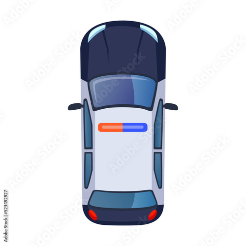 Police car. Top view of colorful car flat icon. Roofs of different transports, trucks and vehicles vector illustration collection. Public and private transport