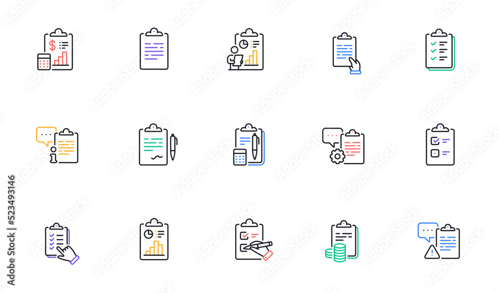 Checklist documents line icons. Agreement info, Clipboard manager, Accounting Report. Medical schedule, Document list and Voting checklist line icons. Data calculation, Contract document. Vector