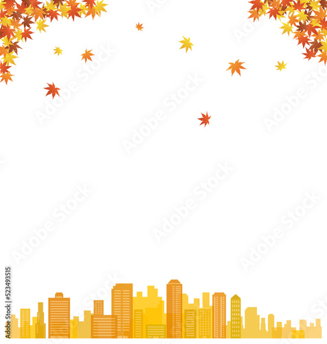 都心のビルの街並みと紅葉フレーム　背景
