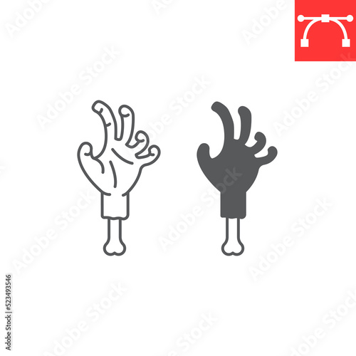 Zombie hand line and glyph icon, halloween and creepy, scary hand vector icon, vector graphics, editable stroke outline sign, eps 10.