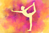 woman yoga practice with painted sun rise landscape