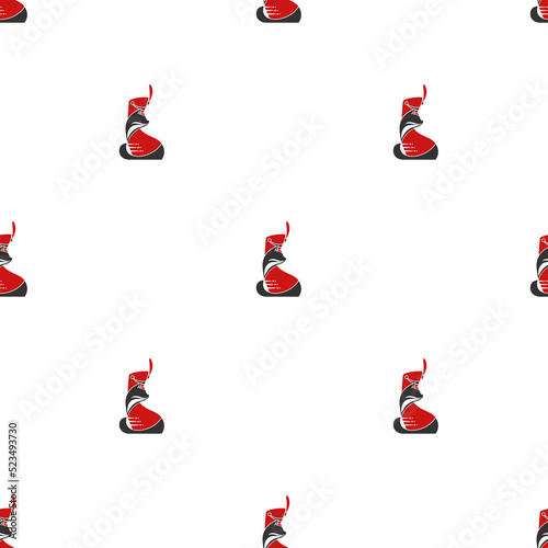 Seamless pattern with Hussar cat with red shako cap and red dolman. Creative pattern on white background. Fairy tale, holiday toy print. Pet shop wallpaper.
