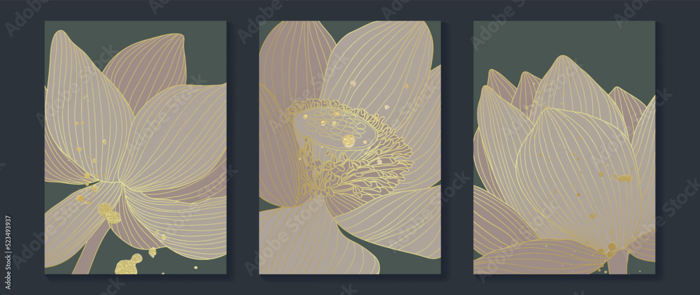 Set of golden lotus wall art vector. Elegant line art, white lotus ...