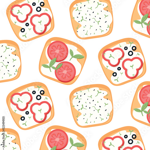 Seamless pattern with sandwiches. Pattern with sandwich with tomato, pepper. Vector illustration.