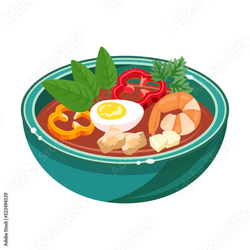 Soup in bowl. Gazpacho, curry, broccoli, mushroom cream soup isolated on white background. Ideas for lunch or dinner